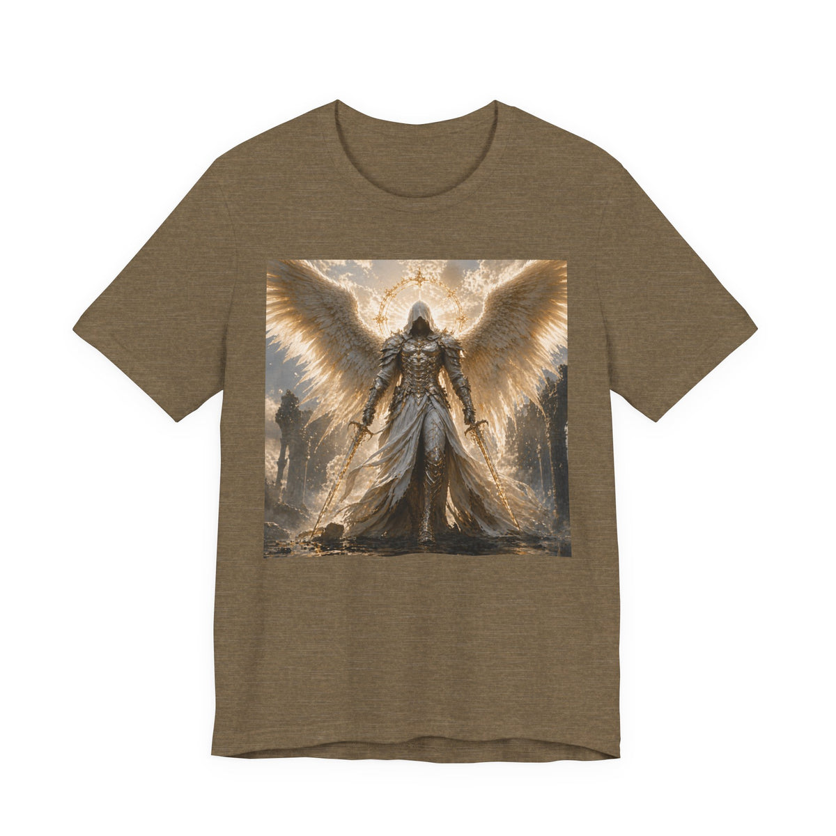 Angel Warrior Graphic Tee — Gold Guardian Wings T-Shirt
