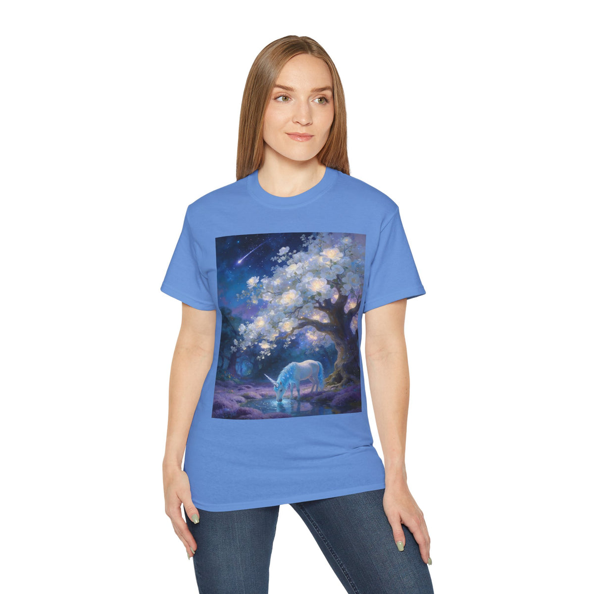 Unicorn Mystic Night Sheep Cotton Tee — Dreamy Moonlit Tree Art T-Shirt