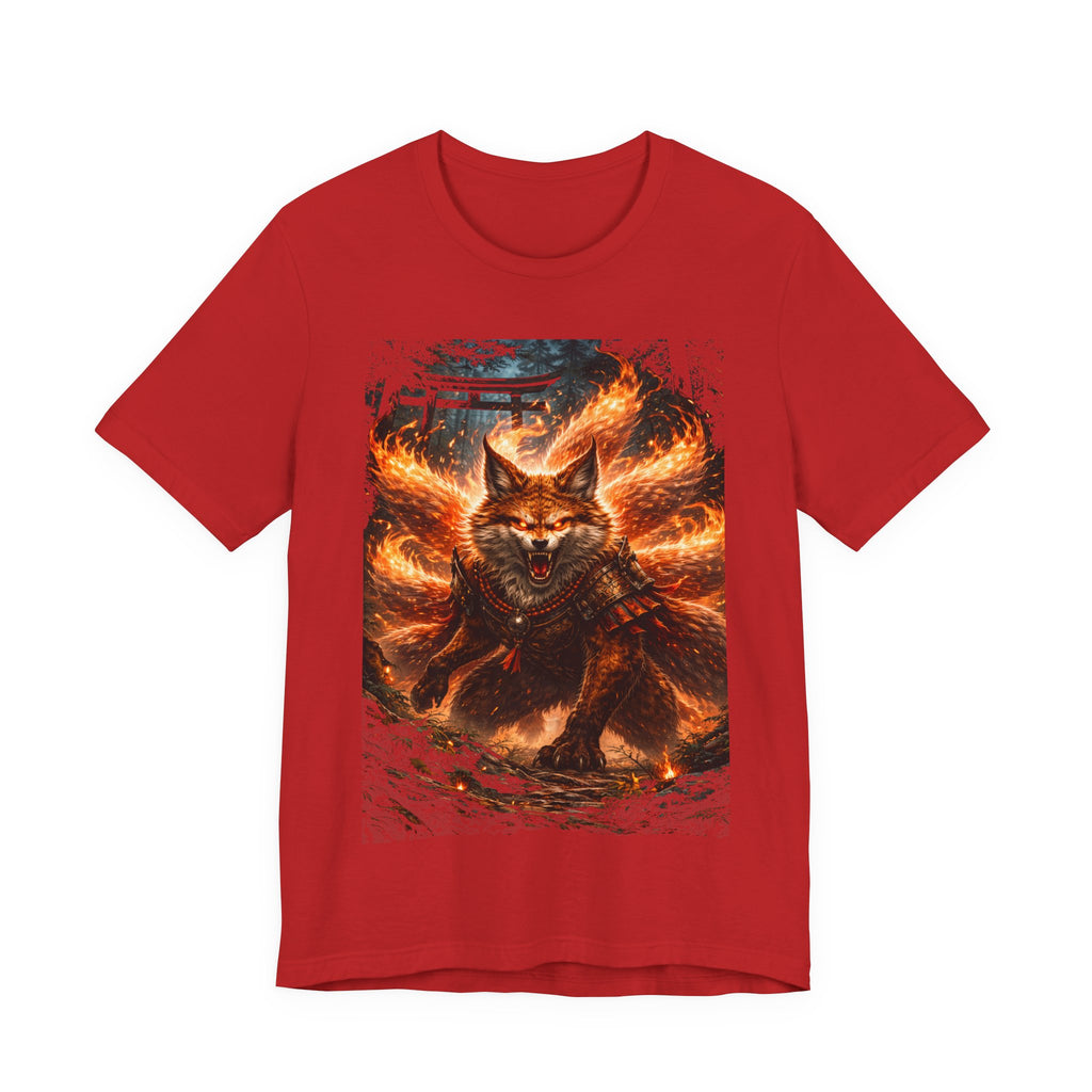 Fiery Nine-Tailed Fox Graphic Tee – Mythic Kitsune Flame Shirt