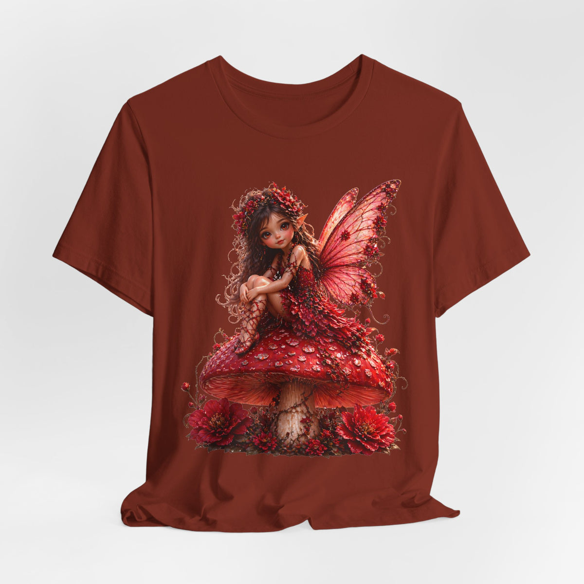 Fairy on Red Mushroom T‑Shirt — Whimsical Red Fairy Graphic Tee