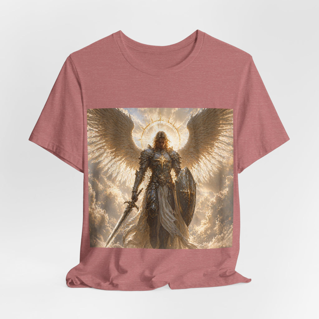 Archangel Warrior Graphic Tee — Golden Angel with Sword & Shield