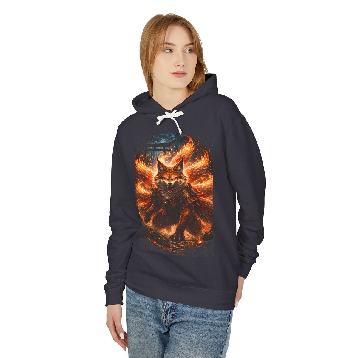 Fiery Nine-Tailed Fox Hoodie — Kitsune Flame Graphic Sweatshirt