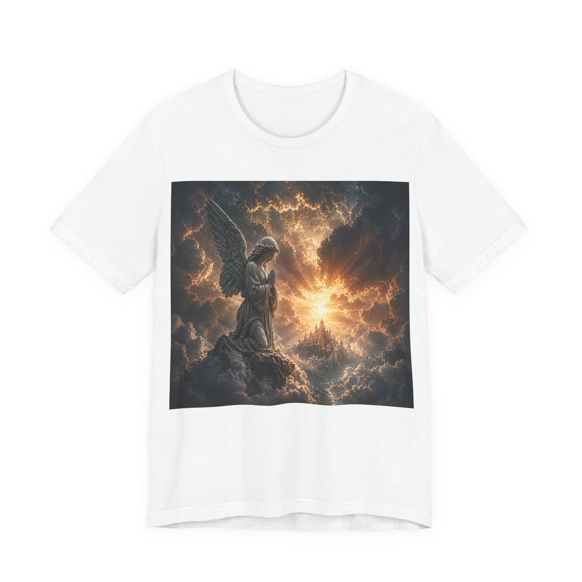 Angel in Storm Graphic Tee — Dramatic Celestial Art T-Shirt