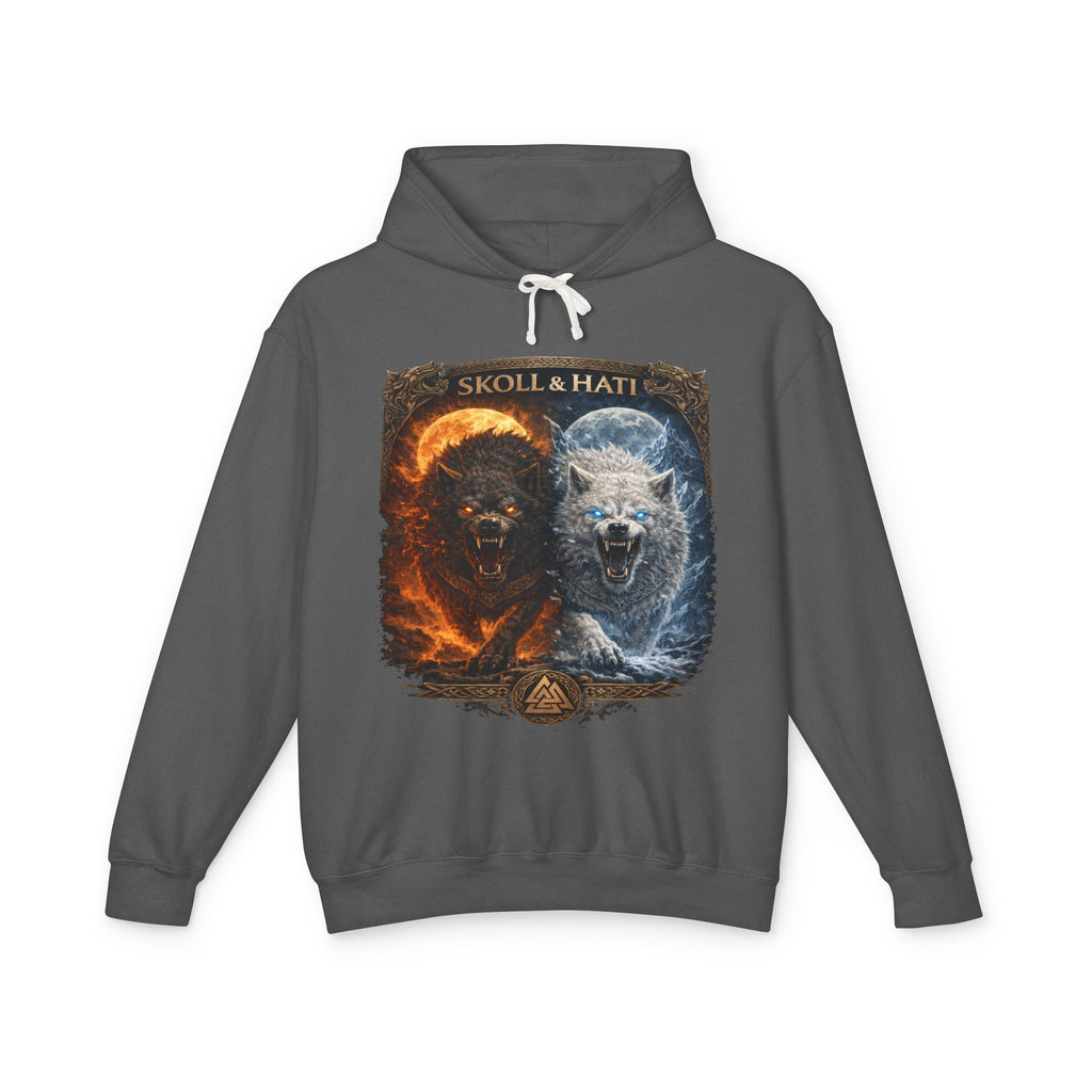 Sköll & Hati Fire and Ice Wolf Hoodie — Viking Myth Wolves Graphic Sweatshirt