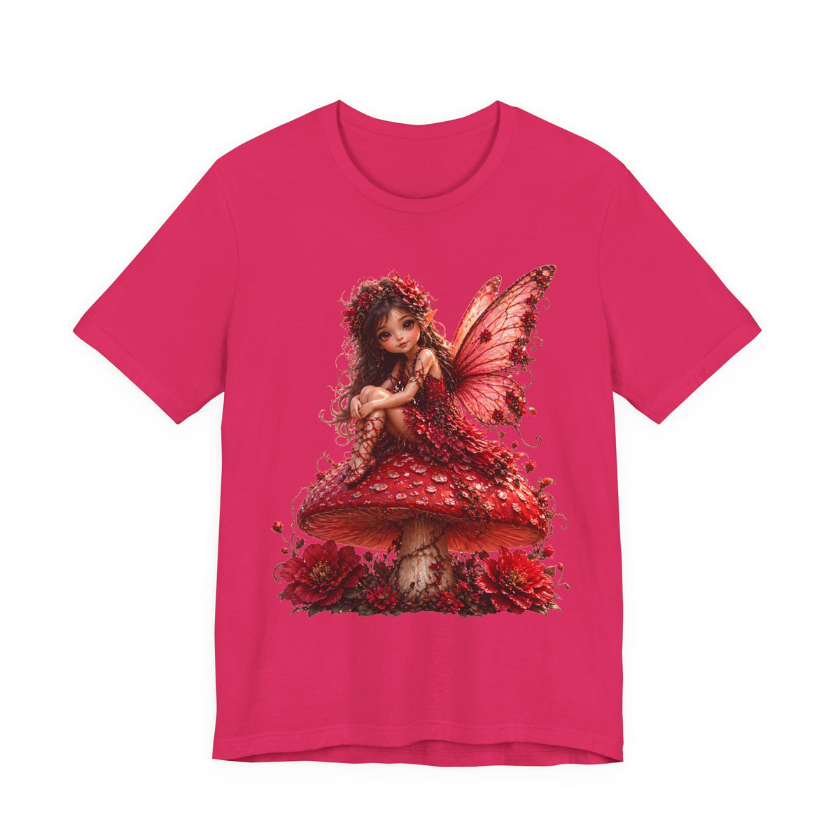 Fairy on Red Mushroom T‑Shirt — Whimsical Red Fairy Graphic Tee