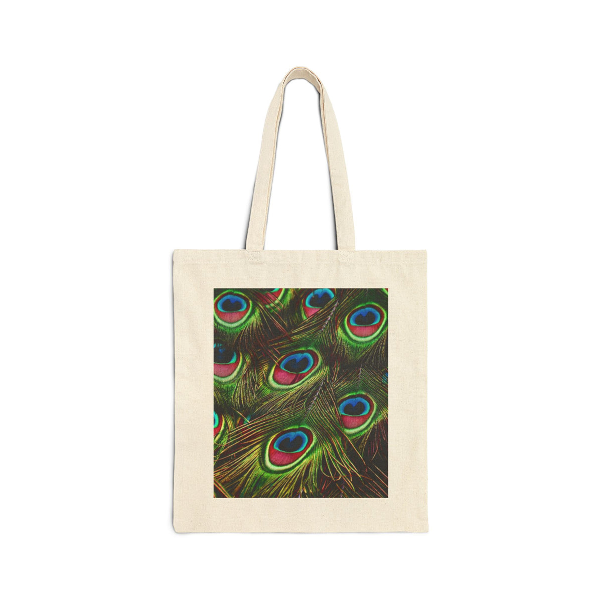 Peacock Feather Canvas Tote Bag — Colorful Nature Print Reusable Shopper