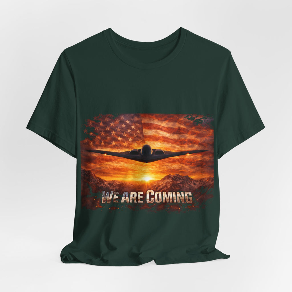 We Are Coming Military T-Shirt – American Flag Bomber Plane Graphic Tee