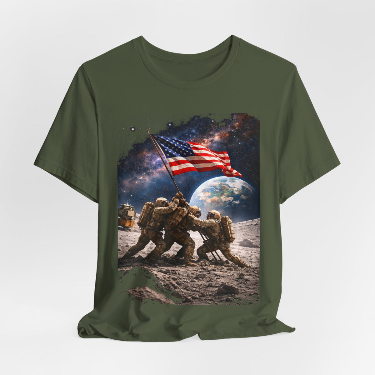 Patriotic Moon Landing Tee — Soldiers Raising American Flag Graphic T-Shirt