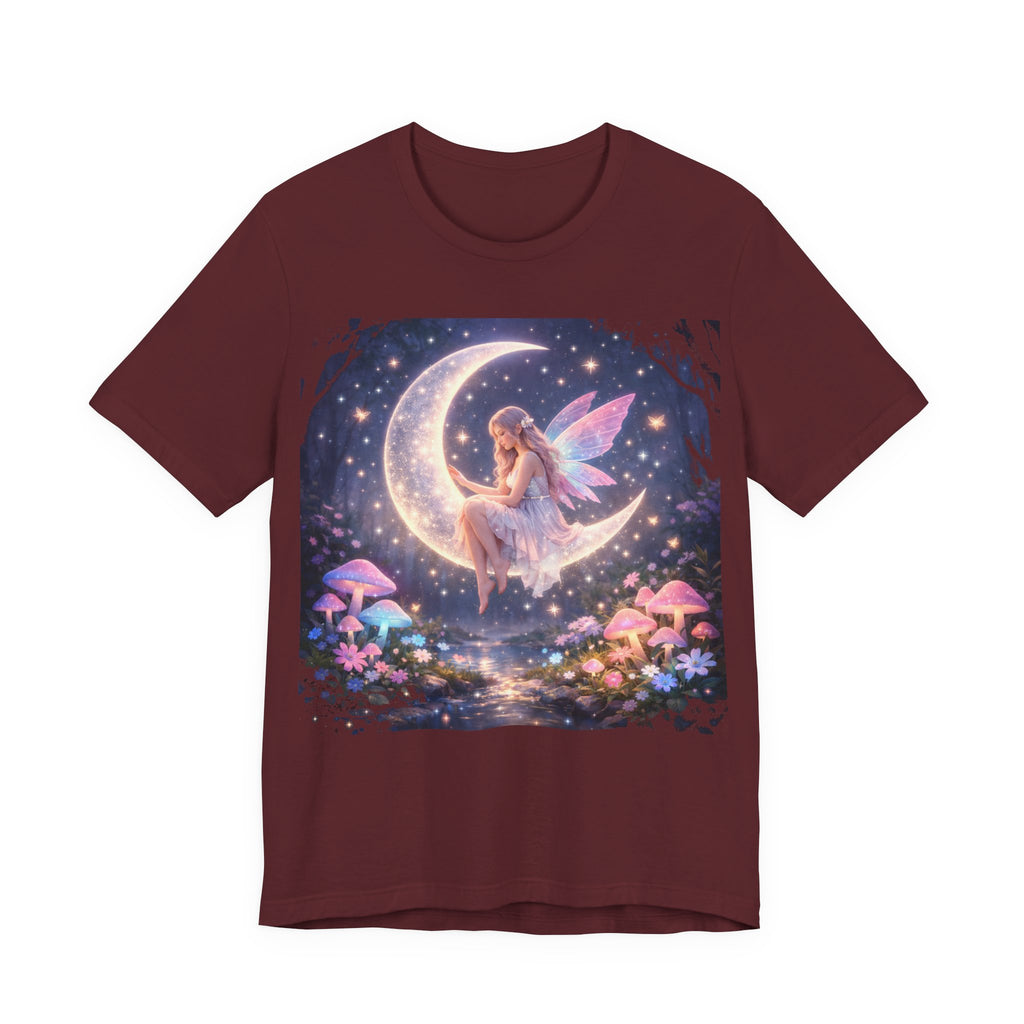 Fairy on the Moon T‑Shirt — Dreamy Fantasy Night Tee with Fairy and Mushrooms
