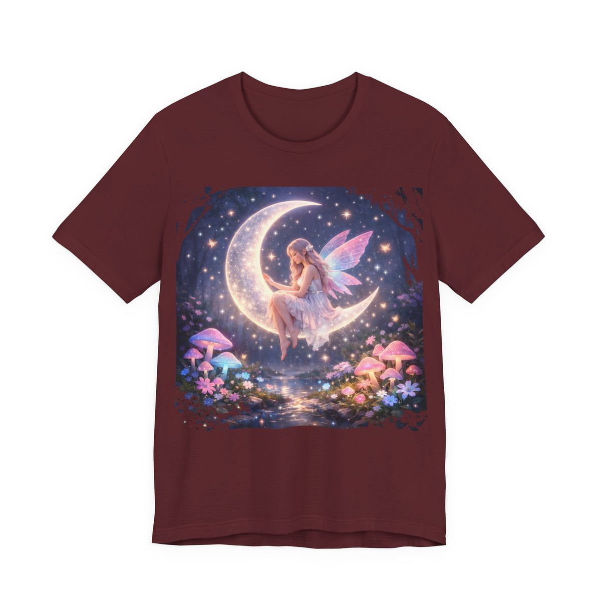Fairy on the Moon T‑Shirt — Dreamy Fantasy Night Tee with Fairy and Mushrooms
