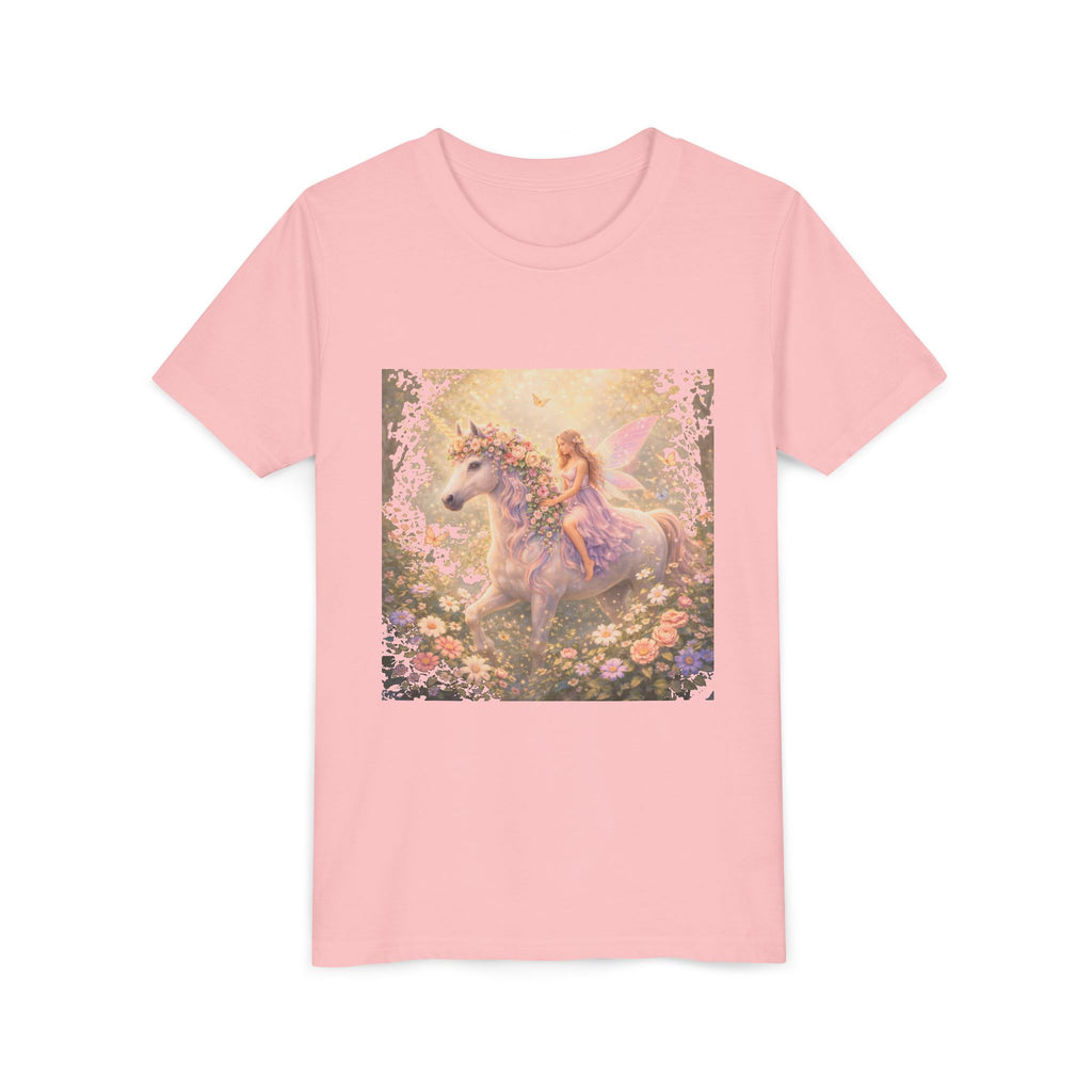 Youth Tee — Magical Fairy Riding Unicorn in Floral Garden Kids Shirt
