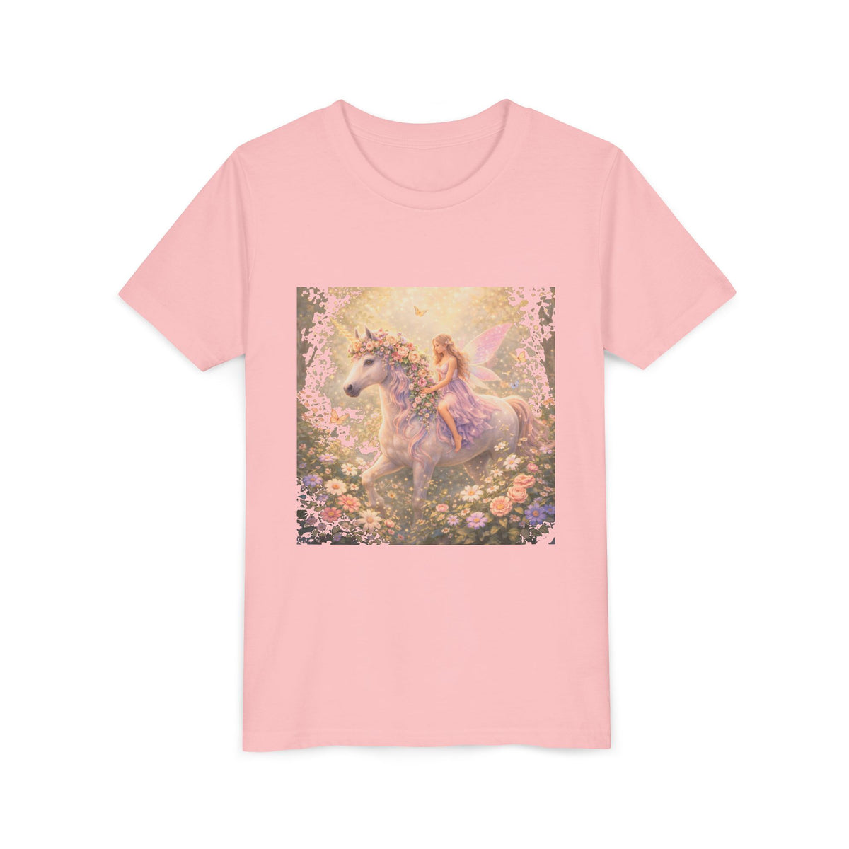 Youth Tee — Magical Fairy Riding Unicorn in Floral Garden Kids Shirt