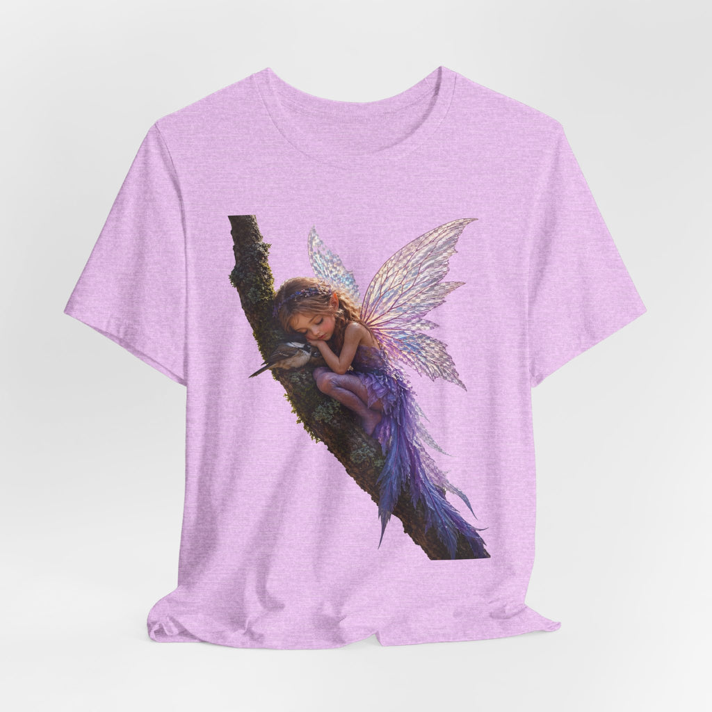 Fairy Sleeping on Branch T-Shirt — Magical Purple Fairy Tee for Women & Girls
