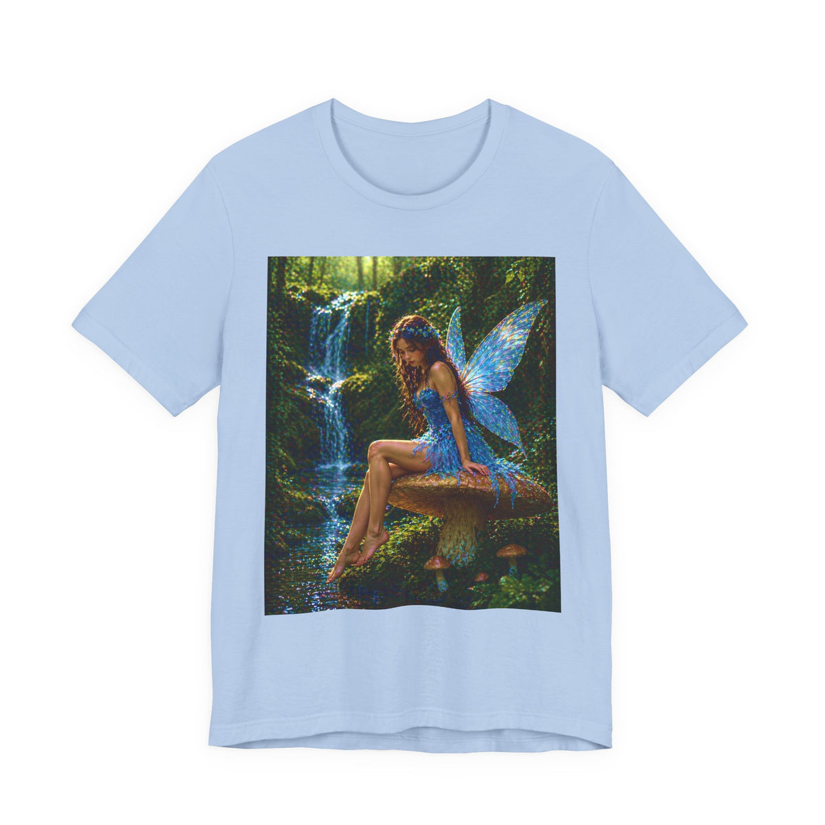 Fairy Forest T-Shirt — Enchanted Blue Fairy Sitting by Waterfall