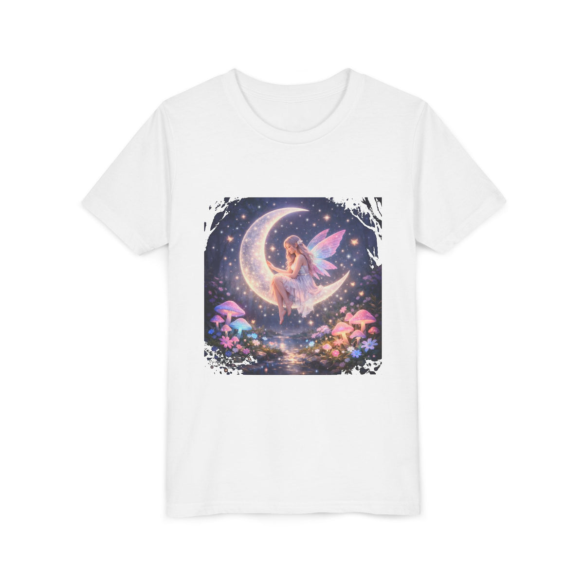Youth Fairy Moon T-Shirt — Magical Fairy on Crescent Moon Tee for Kids