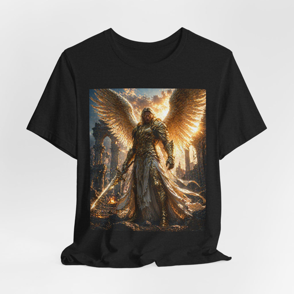 Angel Warrior Graphic Tee — Golden Archangel Battle Scene T-Shirt