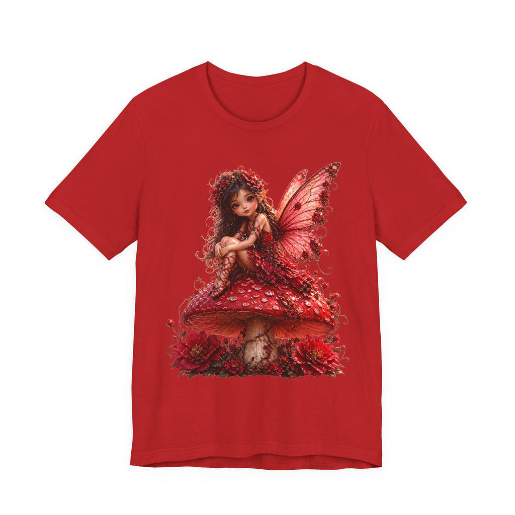 Fairy on Red Mushroom T‑Shirt — Whimsical Red Fairy Graphic Tee