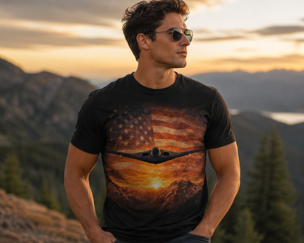 American Flag Bomber Plane T-Shirt — Patriotic Military Aviation Tee