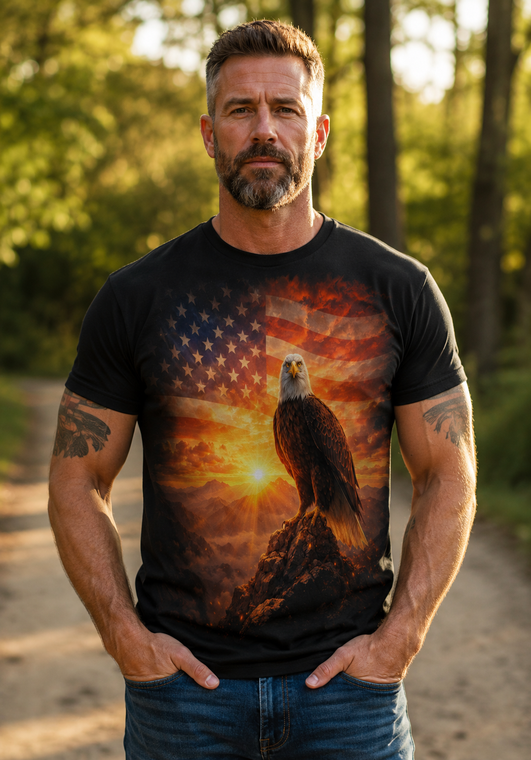 Patriotic Eagle T-Shirt – American Flag Sunrise Graphic Tee