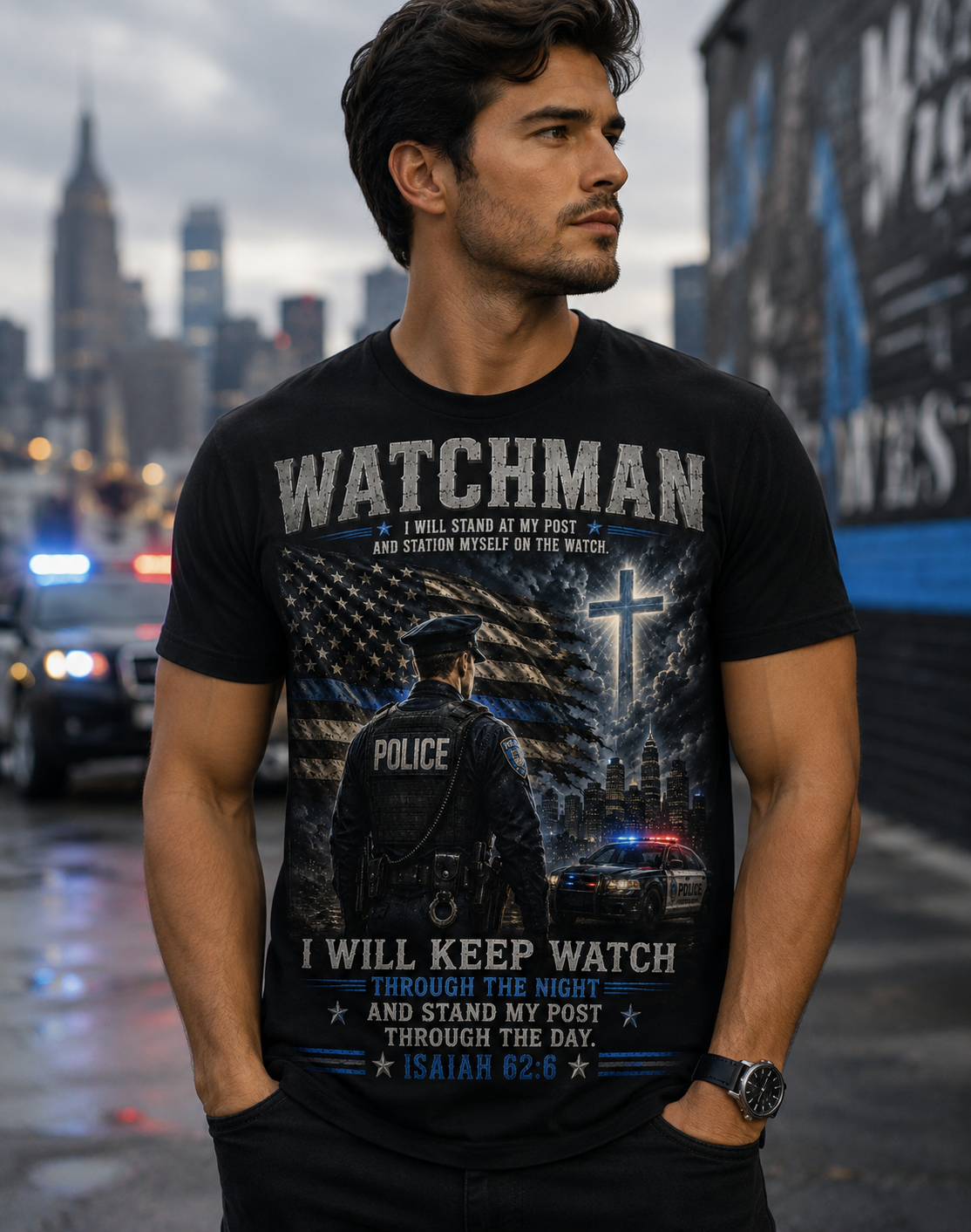 Watchman Police Tribute T‑Shirt – "I Will Keep Watch" Patriotic Law Enforcement Tee