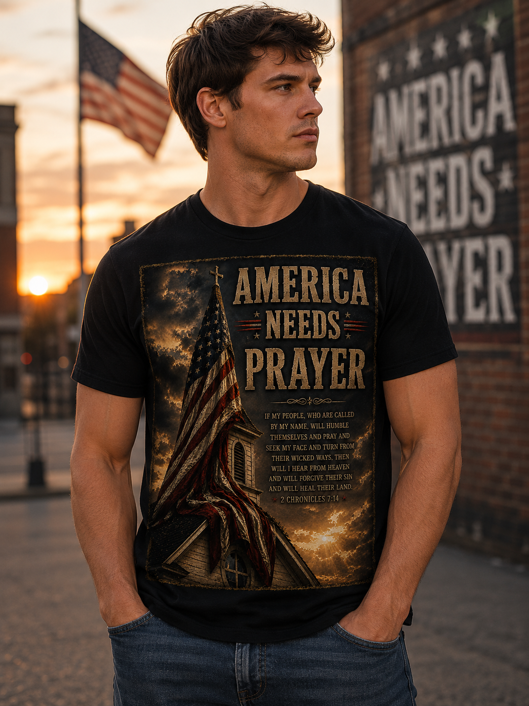 America Needs Prayer T‑Shirt — Patriotic Christian Prayer Tee