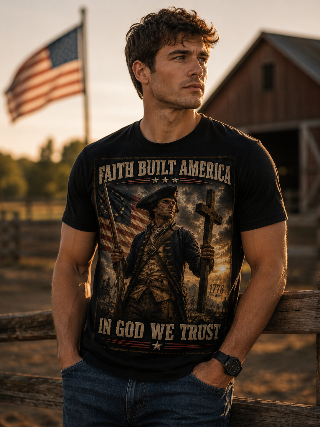 Faith Built America Tee — "In God We Trust" Patriotic Revolutionary War T-Shirt