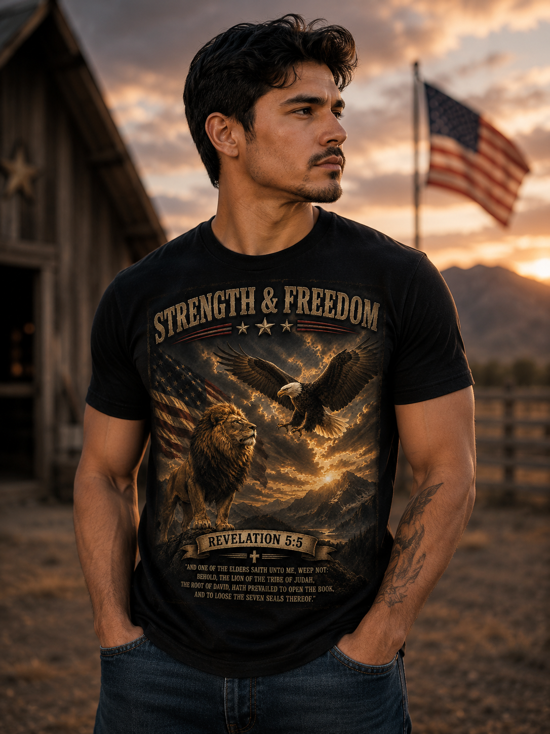 Strength & Freedom Christian Lion Tee – Revelation 5:5 Inspirational Graphic T-Shirt