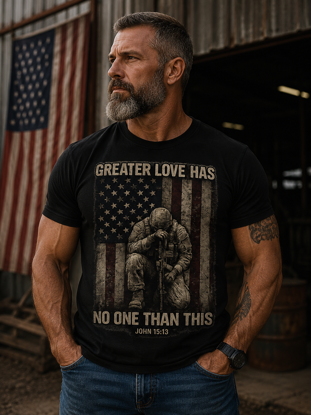 Military Tribute T-Shirt — "Greater Love Has No One Than This" Patriotic Veteran Tee