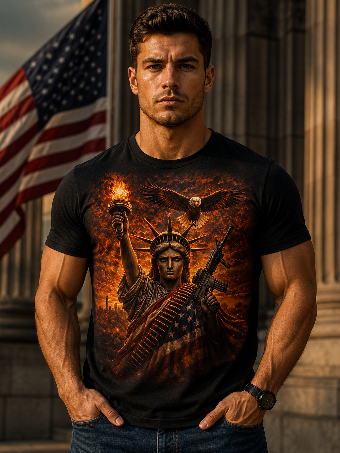 USA Liberty T-Shirt — Statue of Liberty with Eagle & Flag Graphic