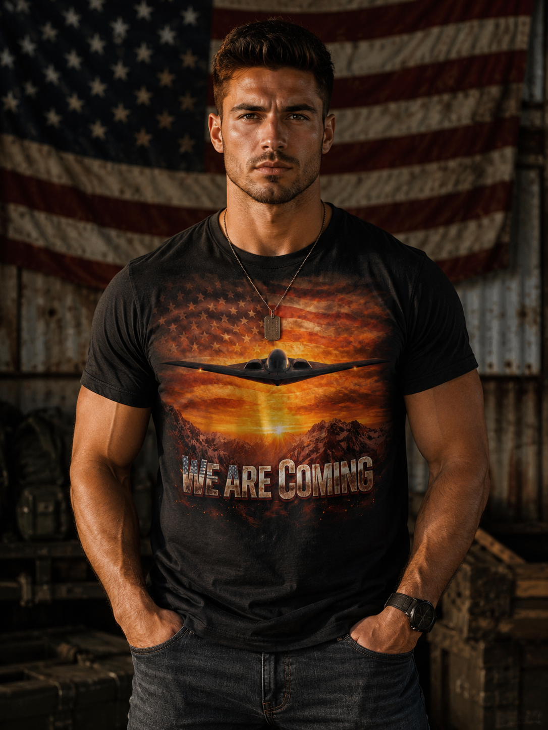 We Are Coming Military T-Shirt – American Flag Bomber Plane Graphic Tee