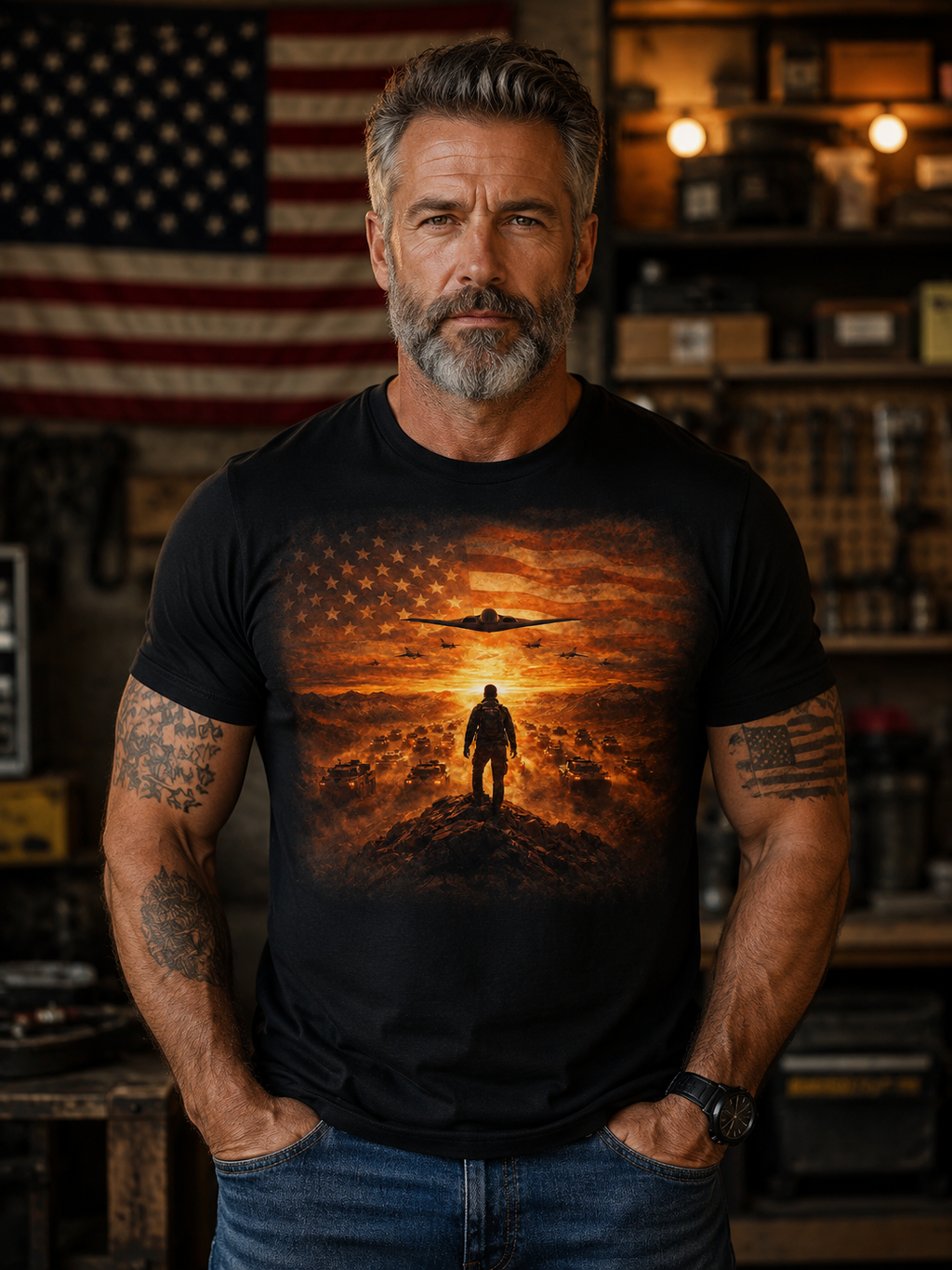 USA-Military Aviation T-Shirt — Bomber Silhouette with American Flag Sunset