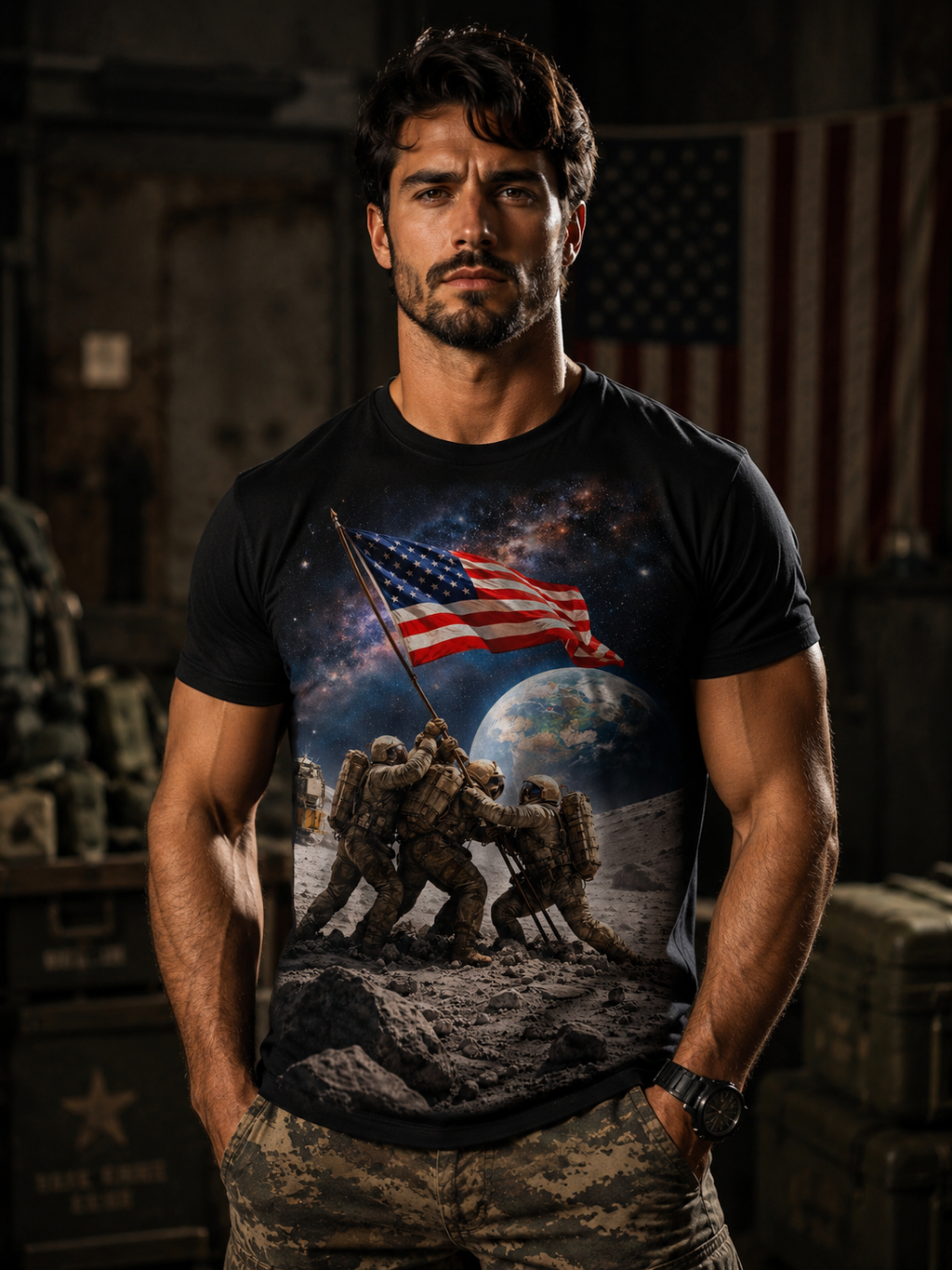 Patriotic Moon Landing Tee — Soldiers Raising American Flag Graphic T-Shirt