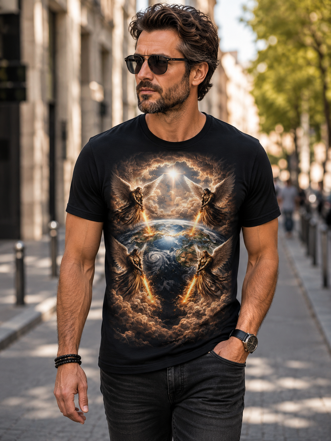 Revelation 7:1 Four angels standing on the four corners of the earth as seen from heaven-when the secound comingis near T‑Shirt — Heavenly Earth & Angels Graphic Tee