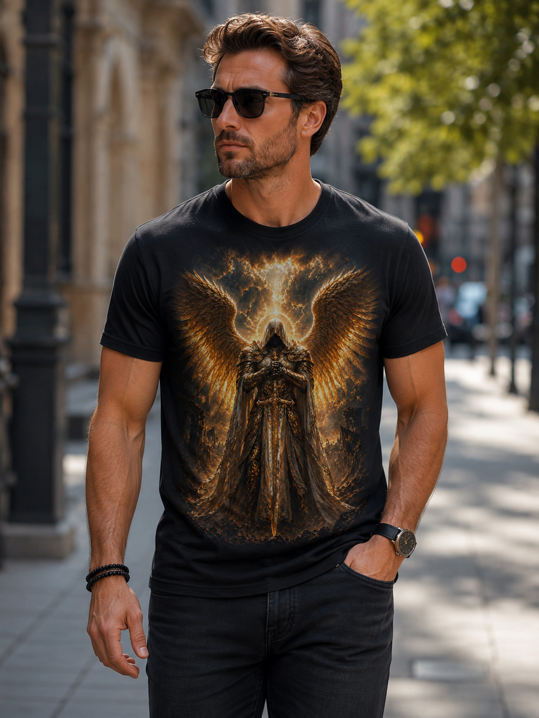Golden Angel wings graphic Tee | Gothic celestial warrior shirt