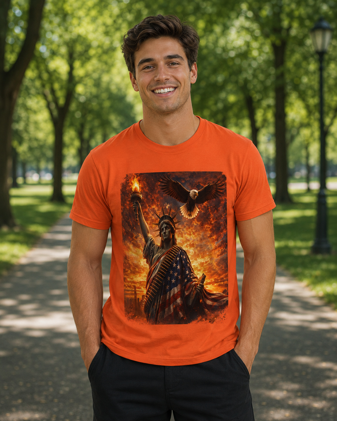 Liberty & Pride T-Shirt — Statue of Liberty with American Flag and Dove