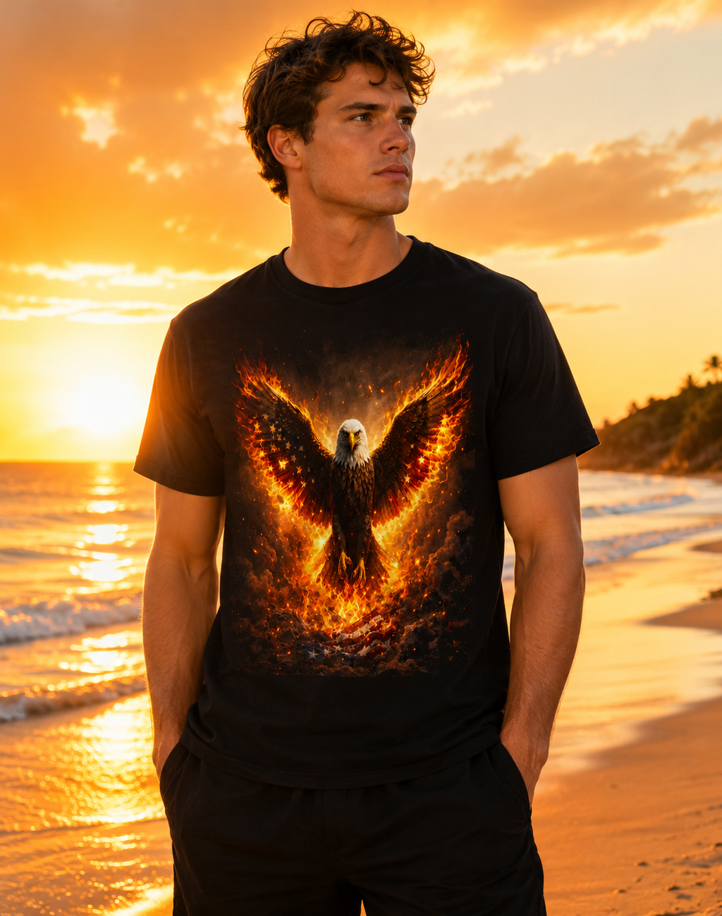 Fiery Eagle T‑Shirt — Flaming Bald Eagle Graphic Tee