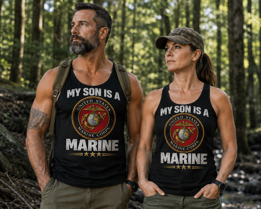 My Son Is A Marine Tank Top – USMC Emblem American Flag Tribute