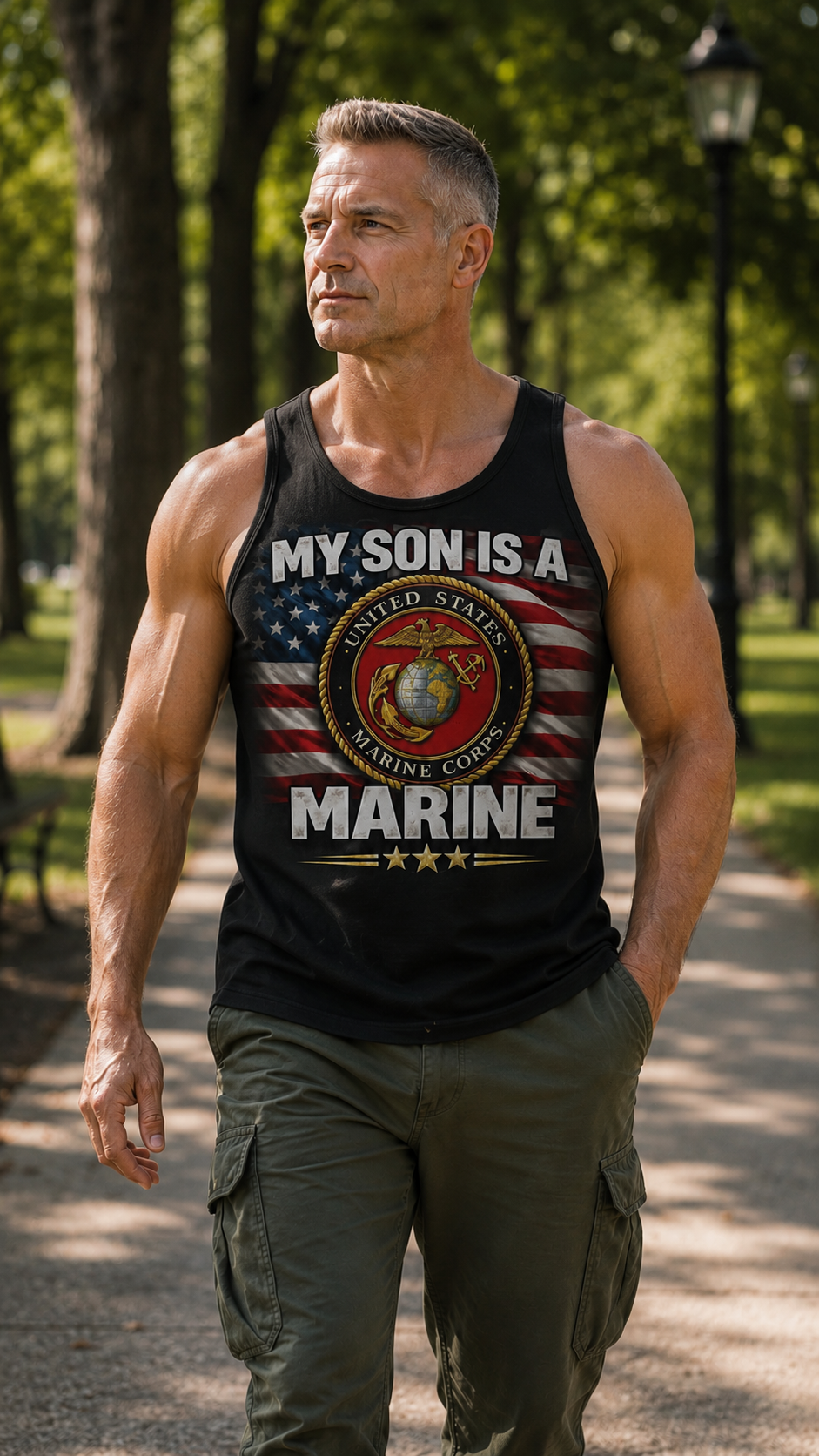 My Son Is A Marine Tank Top – USMC Emblem American Flag Tribute
