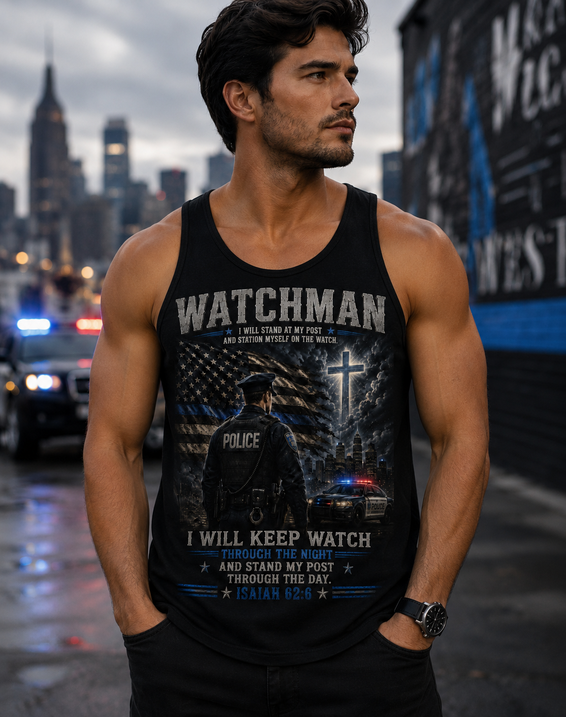 Watchman Police Tank Top — "I Will Keep Watch" Isaiah 62:6 Christian Law Enforcement Tank