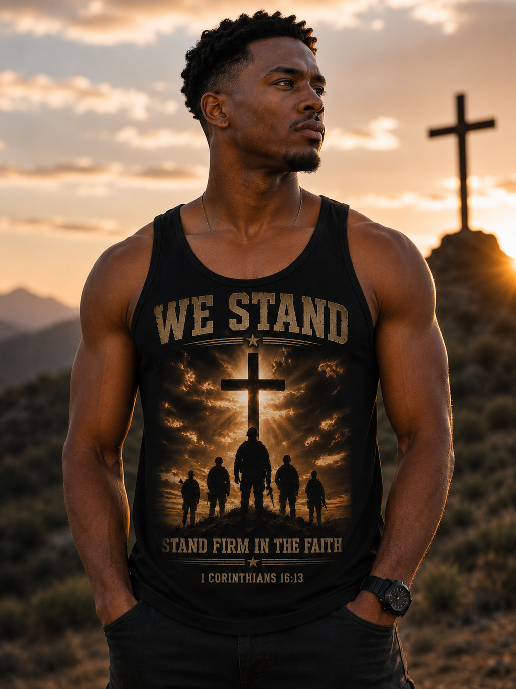 We Stand  for God Cross Tank Top – "Stand Firm in the Faith" Christian Military Graphic