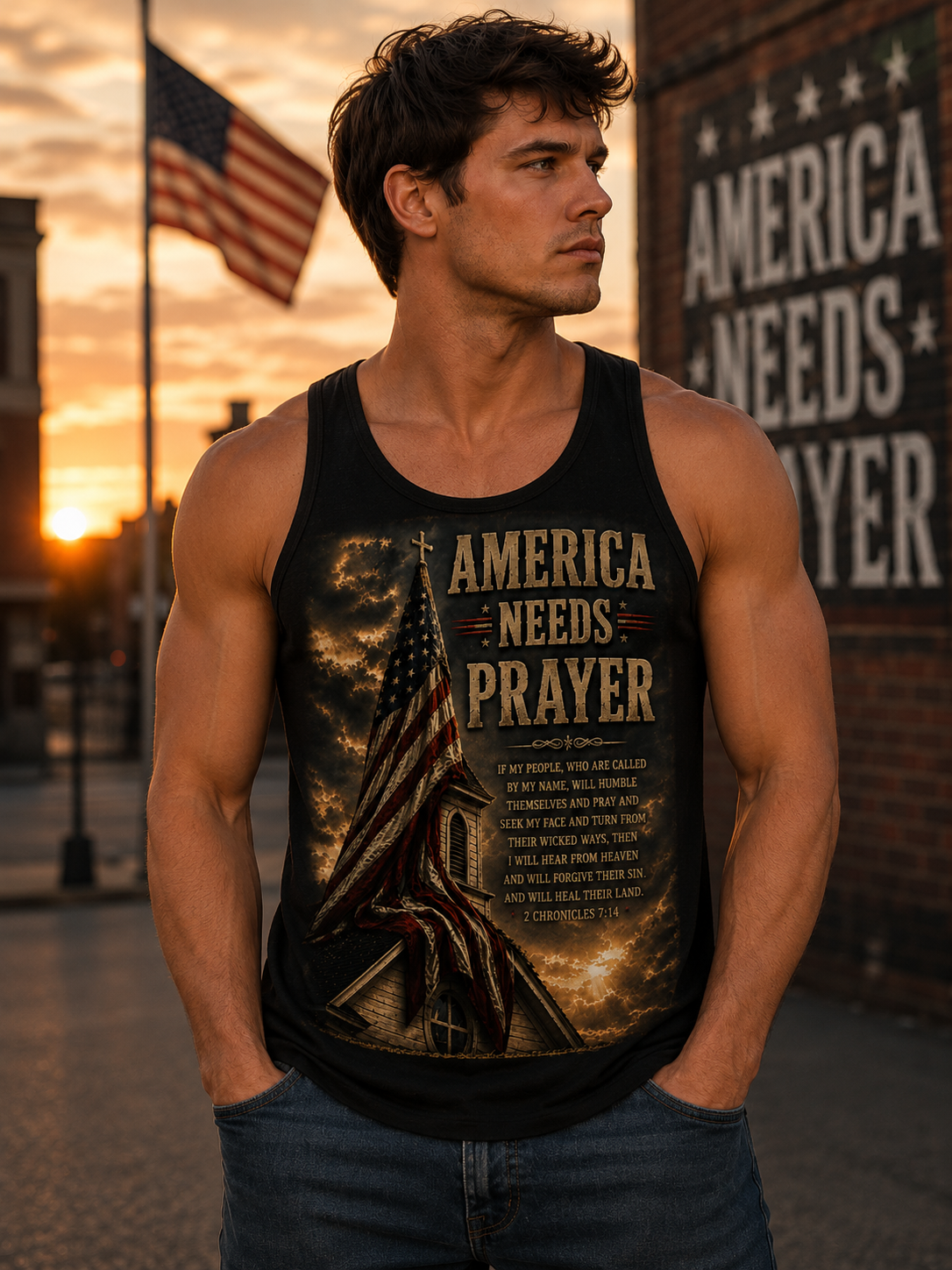 America Needs Prayer Tank Top — Patriotic Flag & Prayer Verse Sleeveless Shirt