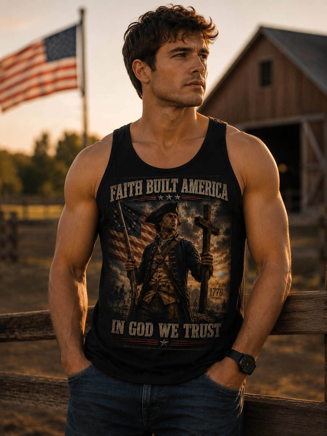 Patriotic Tank Top - "Faith Built America, In God We Trust" Vintage Soldier Design