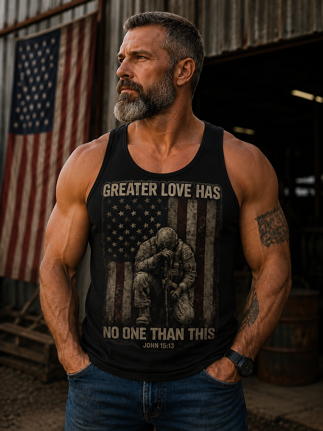 Patriotic Soldier Tank Top — "Greater Love Has No One Than This" (John 15:13)