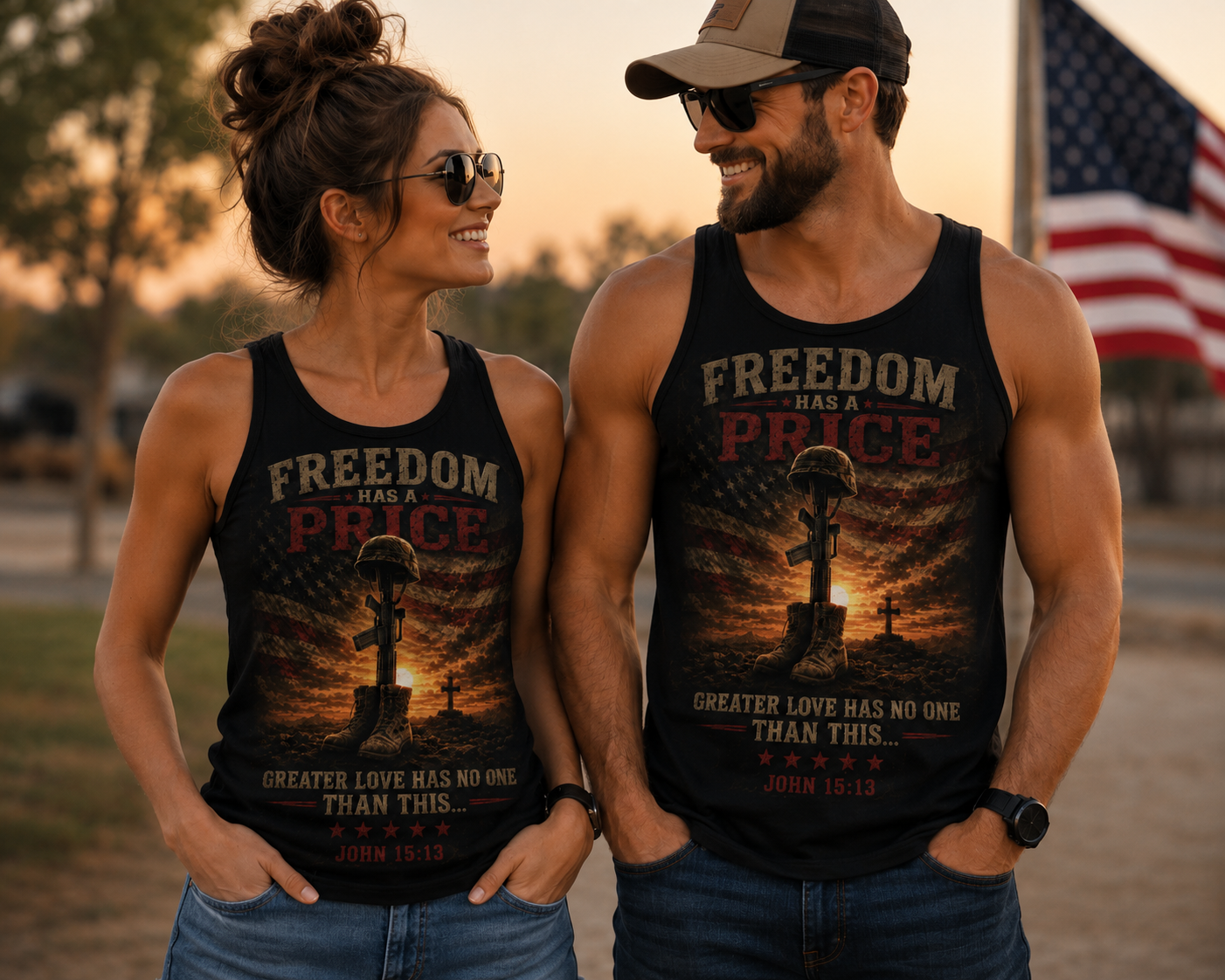 Freedom Has a Price Tank Top — Military Tribute Patriotic Concert Tank (John 15:13)
