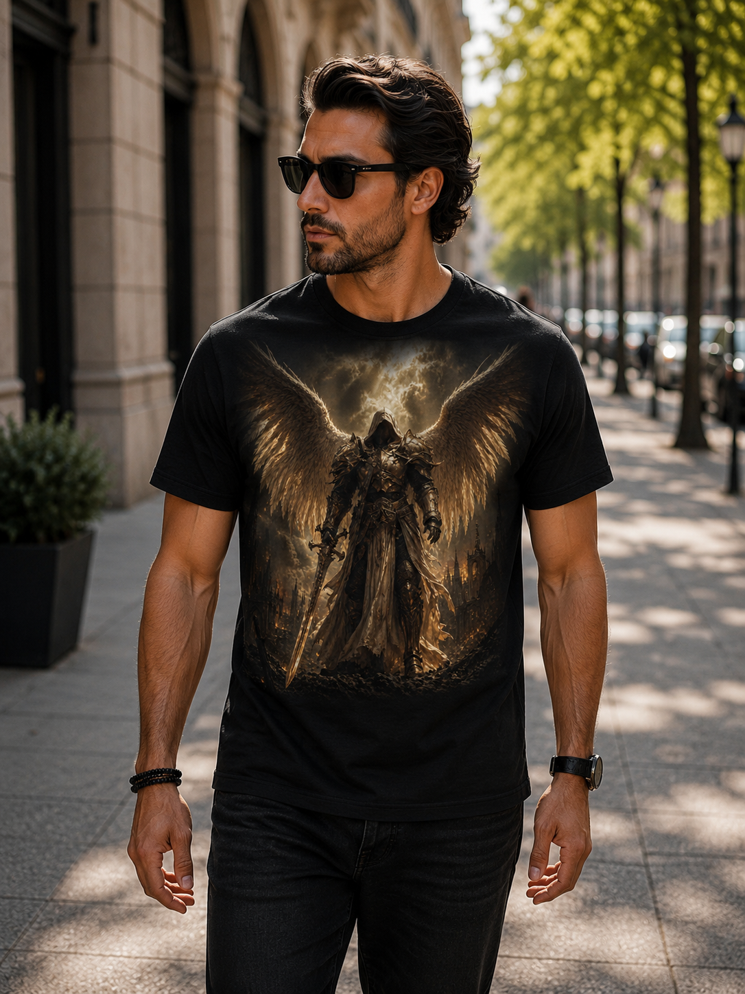 Angel of Fury Graphic Tee — Dark Fantasy Winged Warrior T‑Shirt