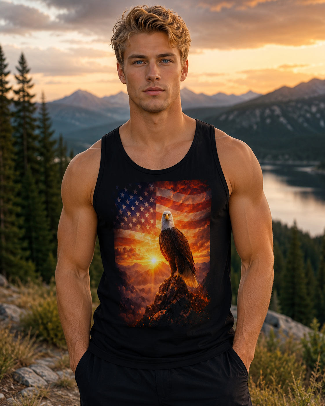 Patriotic Eagle Tank Top – American Flag Sunset Graphic