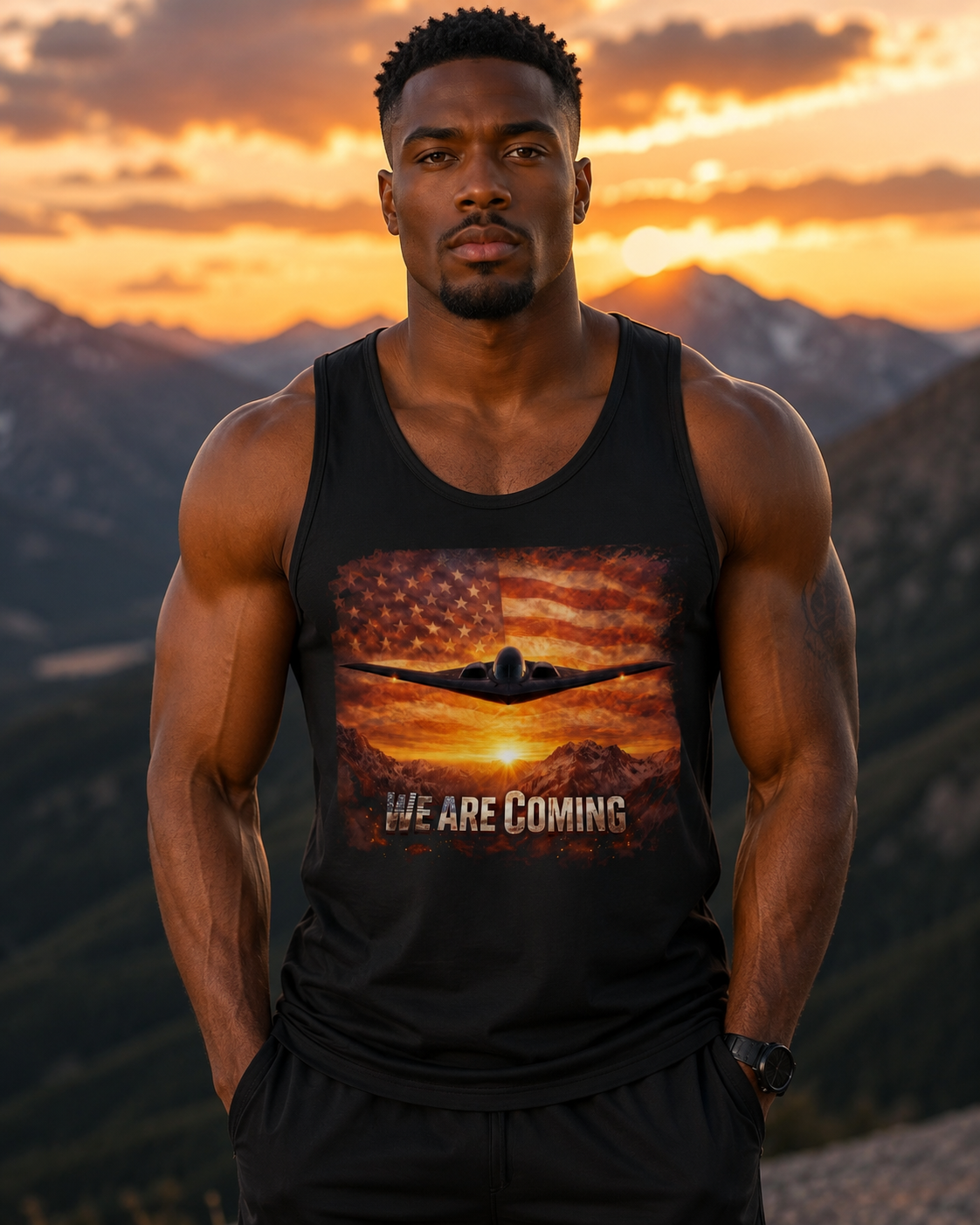 We Are Coming Tank Top — Military Jet American Flag Graphic
