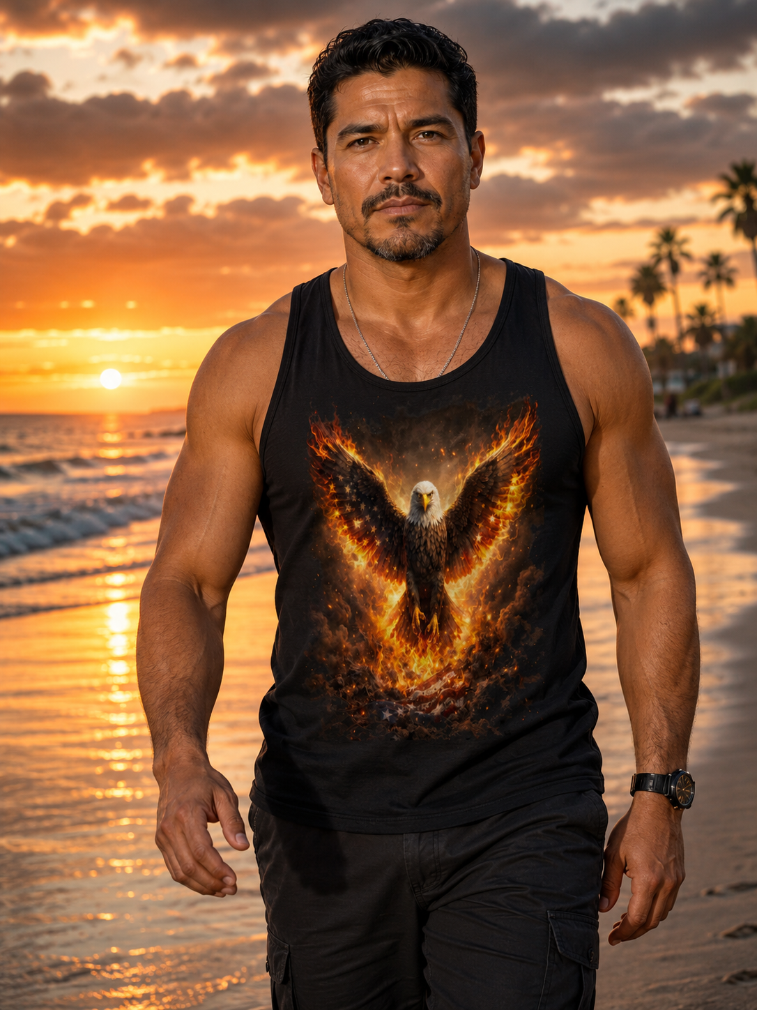 Fiery Eagle Tank Top — Phoenix-Style Bald Eagle Flame Graphic Concert Tank