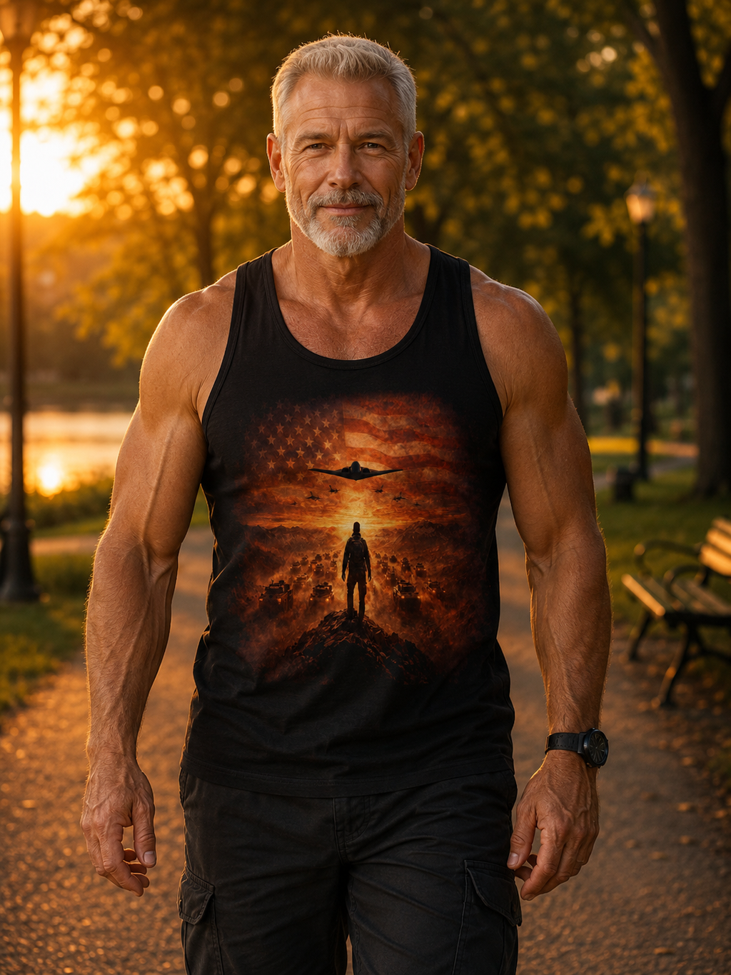 Patriotic Pilot Tank Top - American Flag B-2 Bomber Sunset Graphic