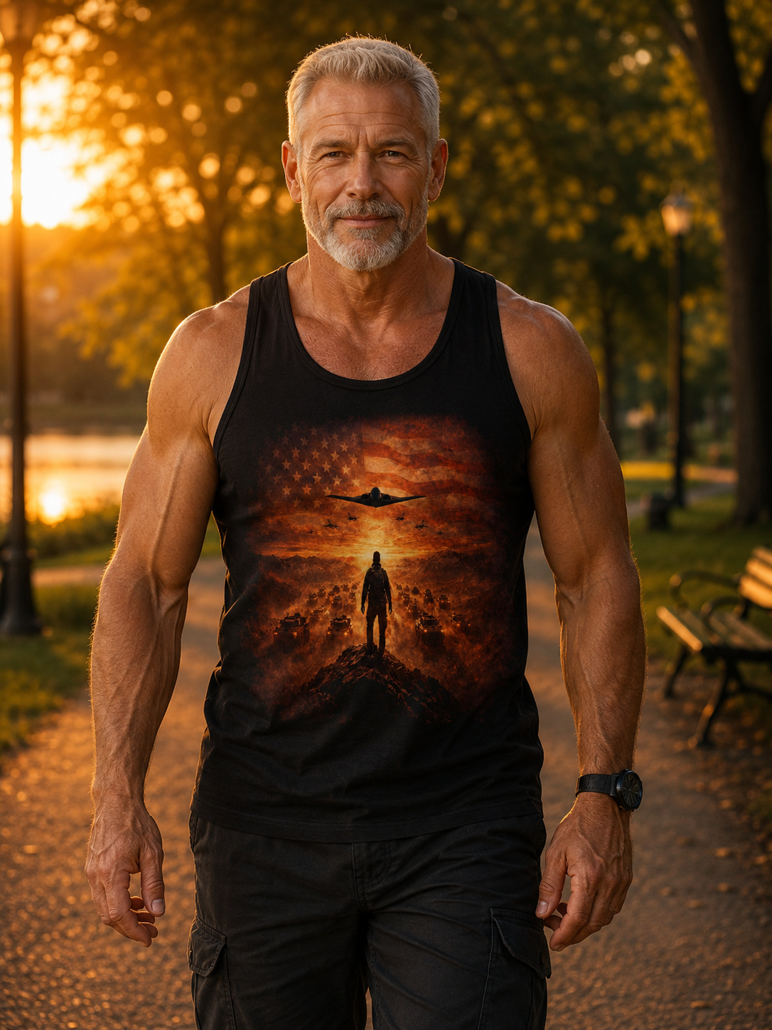 Patriotic Pilot Tank Top - American Flag B-2 Bomber Sunset Graphic